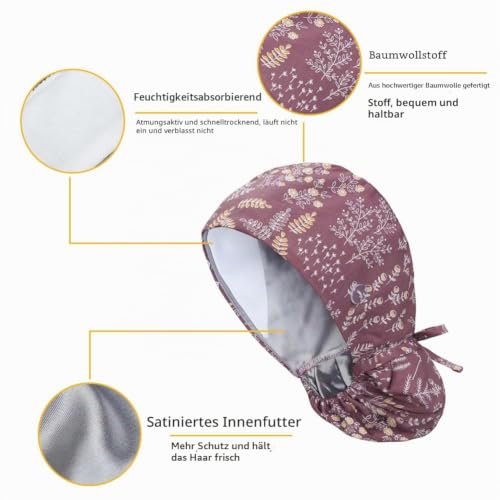 6 x Women's Surgical Caps with Satin Lining, Adjustable Fabric with Button | Ponytail Work Cap with Sweatband Hoods, Cotton Print Surgical, Chef's Hat, Dust Caps Cap, One Size