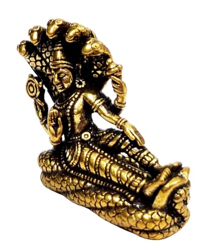 Purpledip Rare Miniature Brass Idol Vishnu Resting on Sheshnag Serpent in Ananthasayanam Pose: Collectible Statue with Detailed Very Fine Workmanship (12698T)