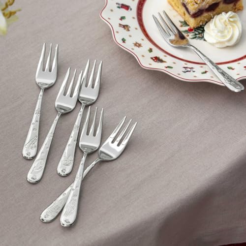 Villeroy & Boch Toy's Delight Collection Cake Forks, Set of 6, 18/10 Stainless Steel Flatware with Christmas Design Engraving, 6.25 in