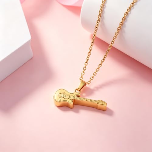 Guitar Cremation Jewelry for Ashes, Stainless Steel Guitar Shaped Urn Necklace for Men Women, Music Memorial Keepsake Pendant with Screw-Thread Chamber for Loved One Gold