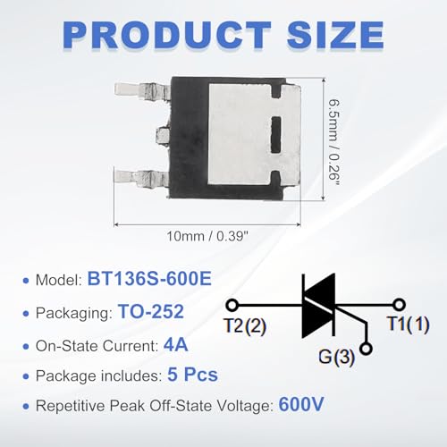 QUARKZMAN Pack of 5 Bidirectional Thyristor BT136S-600E TO-252 600V 4A Rail Silicon Controlled Rectifier for Electronic Instruments Smart Home Devices Drones