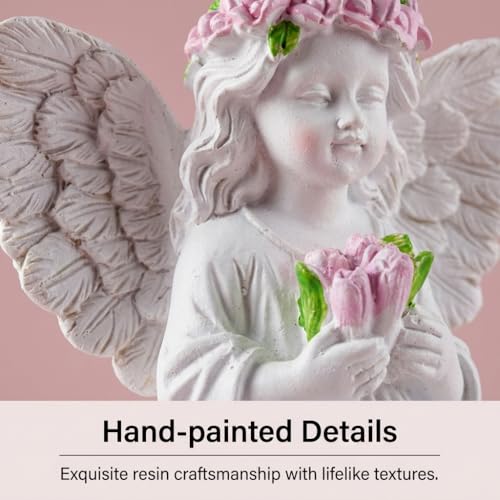 Guardian Angel Statue Angel Figurines with Pink Tulips Sitting With Tulip