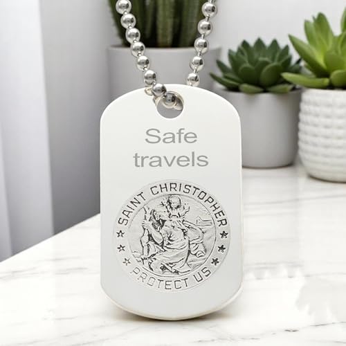 Christopher James of London | Solid 925 Sterling Silver St. Christopher Dog Tag with Optional Chain | Front & Back Engraving | Modern Photo Engraved Design | Gift Box Included