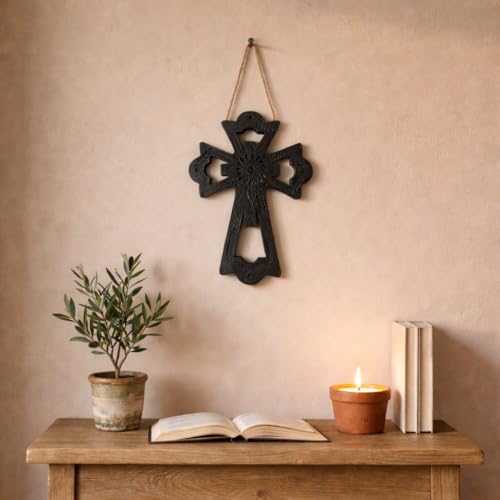 Handmade Mexican Black Clay Wall Cross – Christian Religious Decor – Rustic Artisan Cross from Oaxaca – Spiritual Home Accent – 7 x 10 Inch (Flowers) Flowers