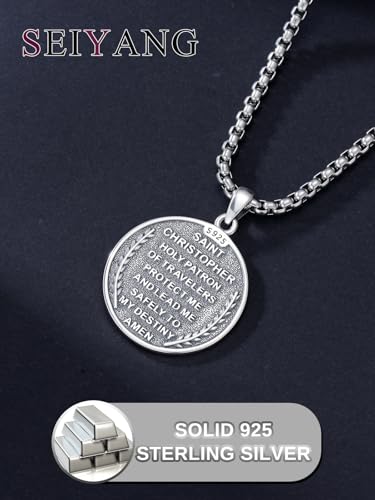 Seiyang 925 Sterling Silver St Michael/St Christopher/St Raphael/St Jude/St Benedict Crucifix Pendant/Nail Cross Necklace Religious Amulet Jewelry Gift for Men Women (with Gift Box) A04-Christopher(Round)