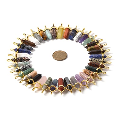 Justinstones Crystal Healing Hexagonal Point Chakra Reiki Pendant Beads Lot 24PCS All Natural Gold Cap Mixed