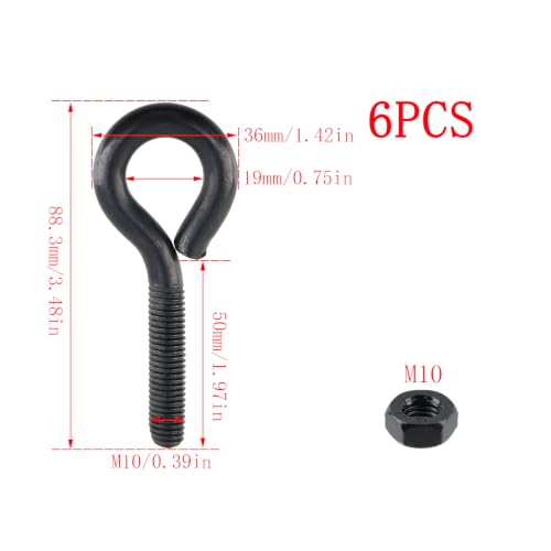Dnyta M10x50mm black eye bolts with nuts for hanging or securing cables, 6-piece set