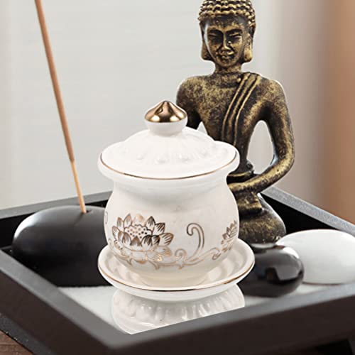 HOMSFOU 2 pack Buddhist Water Offering Cup Porcelain Temple Cup with Lotus Flower Design Buddhist Altar Teacup for Worship Rituals Home Decor 4.13 X 2.75 X 2.75 in