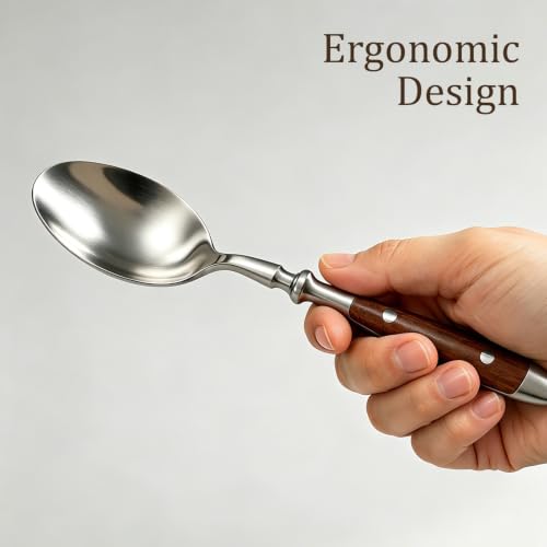 Set of 8 stainless steel soup spoons with wood grain handles from Binchill, dishwasher safe, featuring a brown finish.