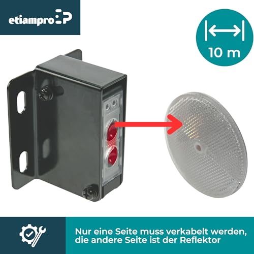 EtiamPro IR Light Barrier Sensor, Infrared Light Barrier with 10 m Range, Retroreflective Detection, IP44 for Indoor and Outdoor Use, Fast Response, NO Relay for Access Control and