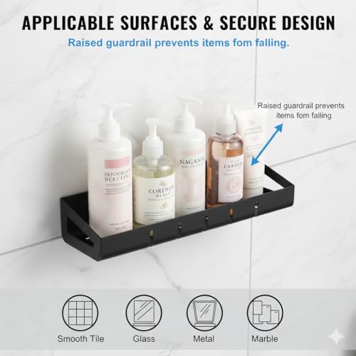 15.7 inch Suction Cup Shower Caddy - No Drill Bathroom Organizers And Storage, Rustproof Carbon Steel Shower Shelves - Black