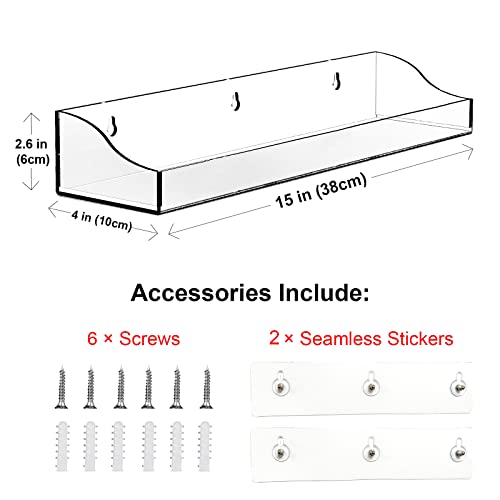 Acrylic Shower Shelves, 2 Pack Self Adhesive Bathroom Clear Floating Shelf Wall Mounted Thick Storage and Decor Rv Accessories Display No Drilling Organization Home Apartment Essentials Without Hook
