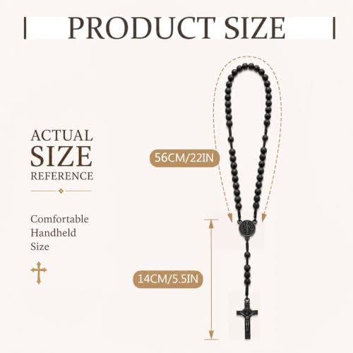 Catholic Rosary Beads Necklace, Natural Wooden Rosary with Medal Cross Jesus Christ Saint Benedict for Prayer Baptism Black