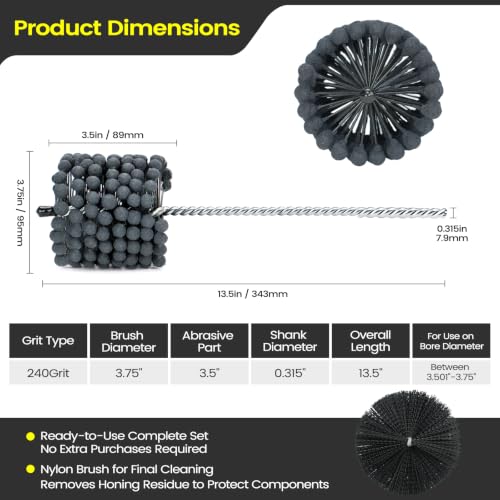 Autaabb 3.75-inch 240 grit cylinder hone kit with nylon wash brush for engine rebuilding and uniform crosshatch finish