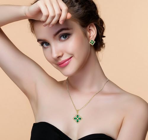 VONSSY Four Leaf Clover Necklace Earrings Shamrock Irish ST Patricks Jewelry Set Gift Green Emerald Zircon Crystal Stud 18k Gold Plated Chain Saint Pendant for Woman Wife Girlfriend ER-Gold