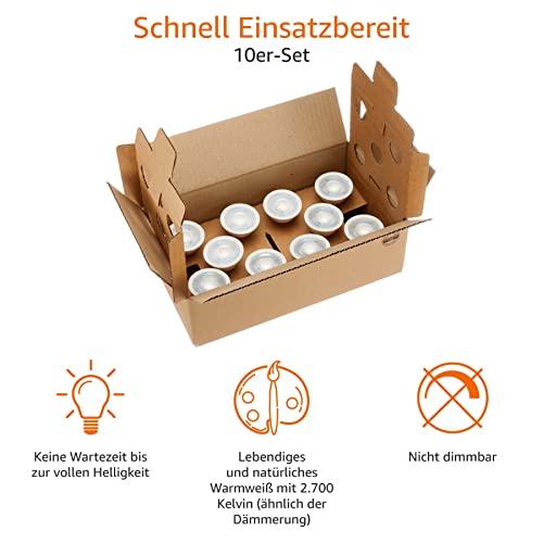 AmazonBasics GU 10 LED Spot Light Bulbs, 4.7 W (equivalent to 50 W), Warm White Colour, Pack of 10 10Stück (1er Pack) 4.7W (50W)
