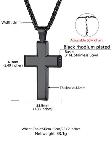 Supcare Cross Necklace for Men Women, Stainless Steel Plain/Bible Cross Pendant Necklaces Gold/Black, Adjustable Sturdy Chain 22+2Inches - With Gift Box Black
