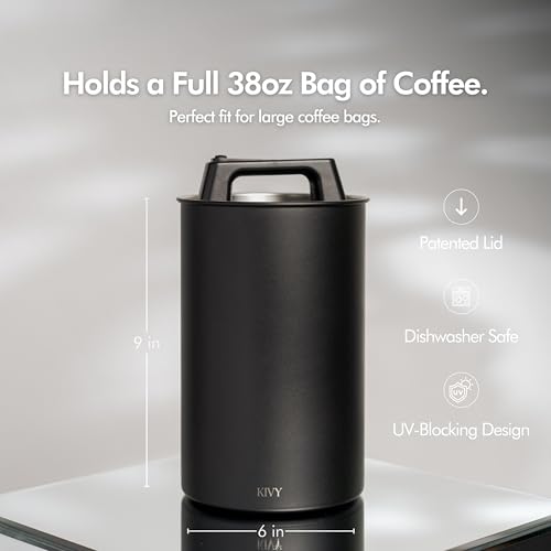 KIVY Vacuum Coffee Canister Large - Push Lid Preserves Coffee Aroma & Oil Black