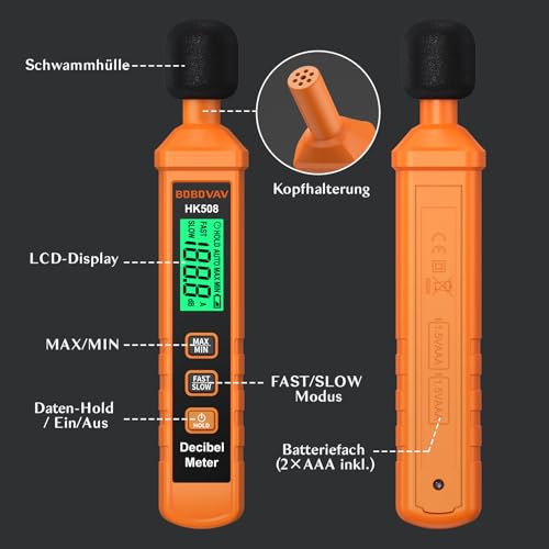 Sound Level Meter, Digital Decibel Meter 30-130dB, Portable Sound Level Meter A-Rating, MAX/MIN, Data Storage, Fast/Slow Reaction, LCD Display for Household, Factories, Workshop