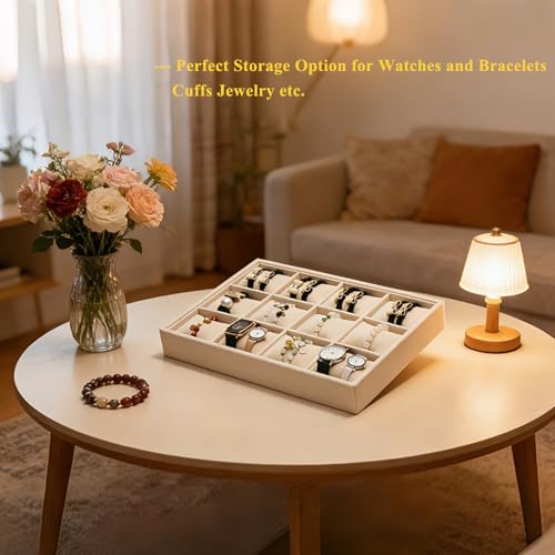 Jewelry Watch Tray, Beige Velvet Watch Jewelry Organizer 12 Grid, Stackable Watch Bracelet Bangle Display Holder, Adjustable Pillows, for Man Woman Show Birthday