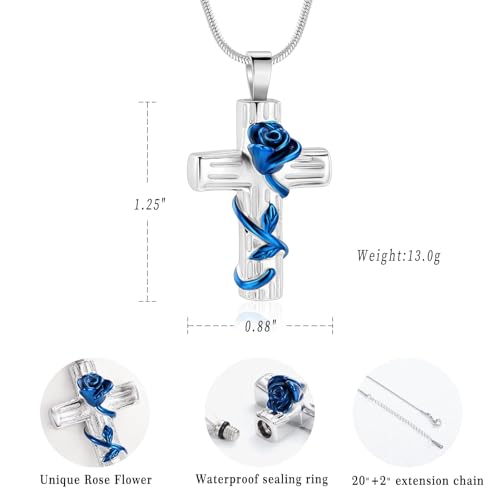 Rose Flower Cremation Jewelry for Ashes Pendant - Rose Flower Cross Urn Necklace with Mini Keepsake Urn Memorial Ash Jewelry Blue