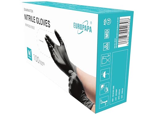 EUROPAPA® 100 x Nitrile Gloves Box Disposable Gloves, Examination Gloves, Nitrile Gloves, Powder-Free, Latex-Free, Non-Sterile, Latex-Free, Disposable Gloves (L, Black) L (Standard Box)