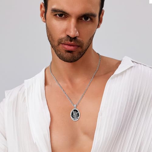 EUDORA St Saint Michael Necklace Medal for Women Men Silver-Plated Copper with Obsidian, Archangel St Michael Pendant for Protection Medalla de San Miguel Arcangel Jewelry Gifts for Mens Women, 22"