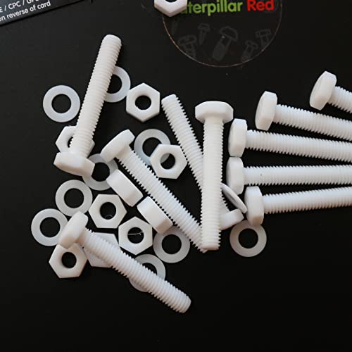 Caterpillar Red natural PTFE M6 x 40mm hex head plastic bolts with nuts and washers