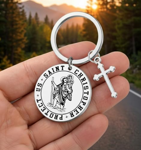 Saint Christopher Keyring, Safe Travel Cross Charm Keychain