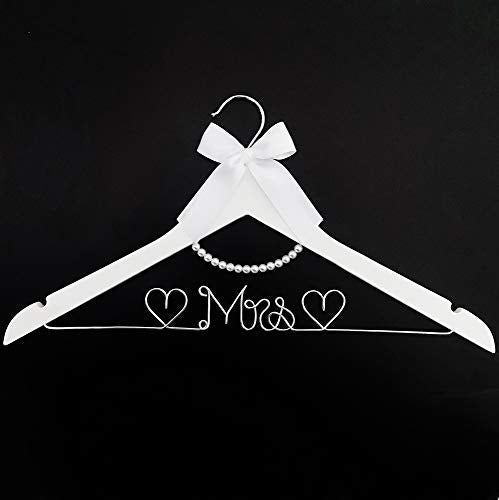 Bridal Dress Hanger Solid Wood Dress Hangers Mrs Letter Hanger Wedding Gift (Silver White Hangers and Pearls) Silver White Hangers and Pearls