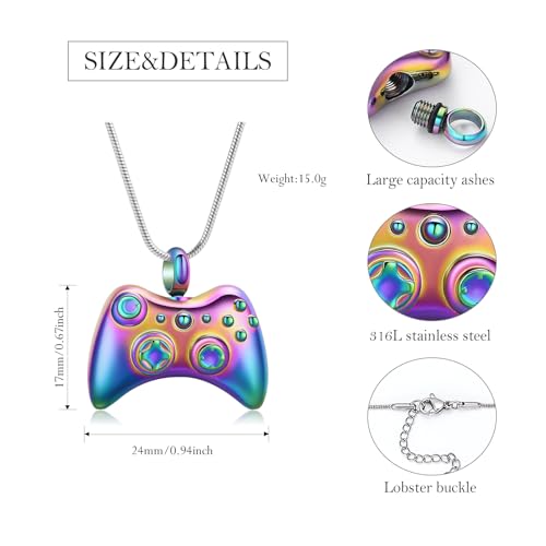 Game Controller Urn Necklace for Ashes Cremation Jewelry Stainless Steel GamePad Pendant Memorial Necklaces Ash Holder for Human Pets Keepsake Jewelry for Loved Ones with Fill Tool Rainbow