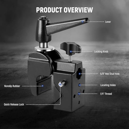 NEEWER Super Clamp with 5/8" Stud, Spring Lock, 2.4"/6cm Jaw Grip Heavy Duty Crab Pole Clamp for Round Pipe Flat Surface, for Photography Studio Camera & Lighting Mounting, Max Load 33lb/15kg, UA017 UA017(1 Pack）