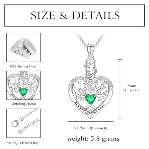 Sterling Silver Tree of Life Heart Urn Necklaces for Ashes - Cremation Memorial Jewelry Keepsake Pendant Necklace with Birthstone May