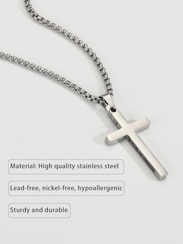 Cross Necklace for Men Boys Bible Verse Stainless Steel Silver/Gold/Black Mens Cross Pendant Chain with 20+2 Inches Men's Jewelry Gifts Silver-28:20
