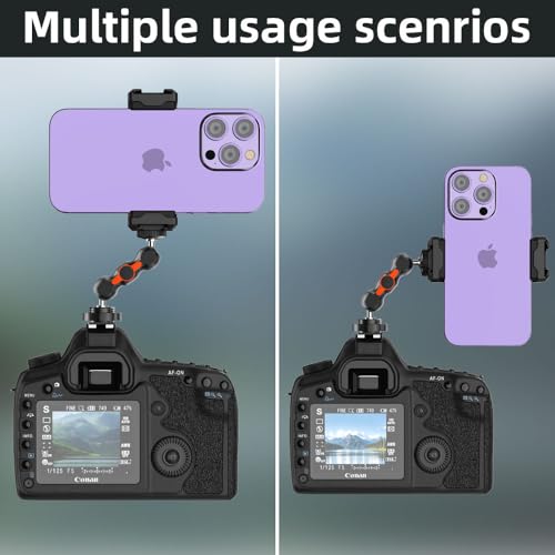 SOH Hot/Cold Shoe Phone Mount Holder, Universal 2 Ball Head Smartphone Mount Adapter, Cold Shoe Phone Clip Mount for iPhone 17/16/15, DSLR Camera LCD Camera Cage Flash LED Light Microphone and More BLACK&RED