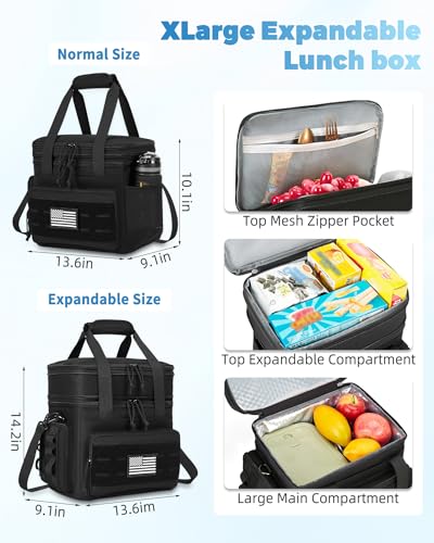 Holuxer tactical black XL lunch bag and lunch box for men, soft insulated design with spacious interior for carrying meals.