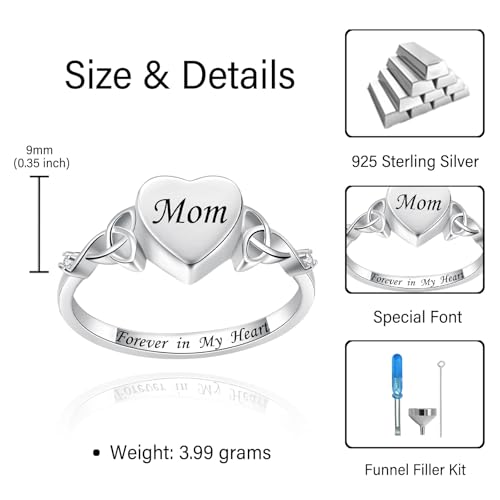 Heart Cremation Ring 925 Sterling Silver Pet Memorial Forever Loved Mom 8