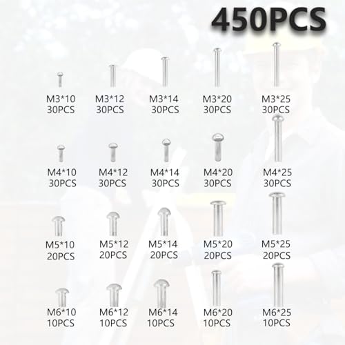 450Pcs M3 M4 M5 M6 Aluminum Brazier Head Rivets 10mm 12mm 14mm 20mm 25mm