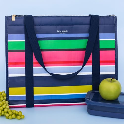 Kate Spade New York insulated grocery tote bag with bright yellow and white stripe design, reusable shopping bag for eco-friendly use.
