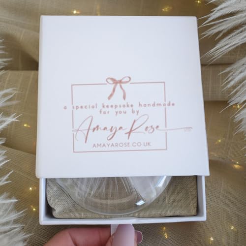 Heart Stamped Real White Feather in Glass Round Bauble. Gift Boxed Christmas Tree Hanging Decoration. Spiritual Angel Gift