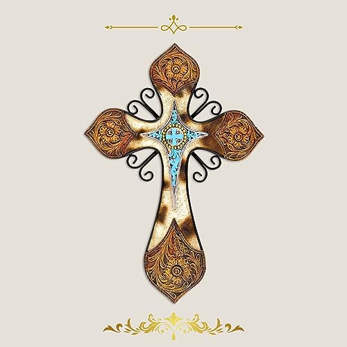 AMAJY Rustic Western Style Cowhide Faux Tooled Leather Wall Cross with Turqoise Center Piece and Floral Embossed Design Spiritual Wall art Southwest Decor