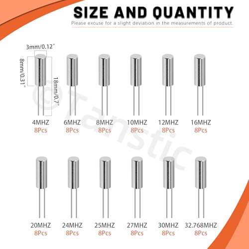 Tanstic 96pcs 3 x 8mm DIP Quartz Crystal Oscillators Resonators, 4/6/8/10/12/16/20/24/25/27/30/32.768MHZ Crystal Oscillator Passive Components for TV DVD MP3 MP4 Players and Car Electronics