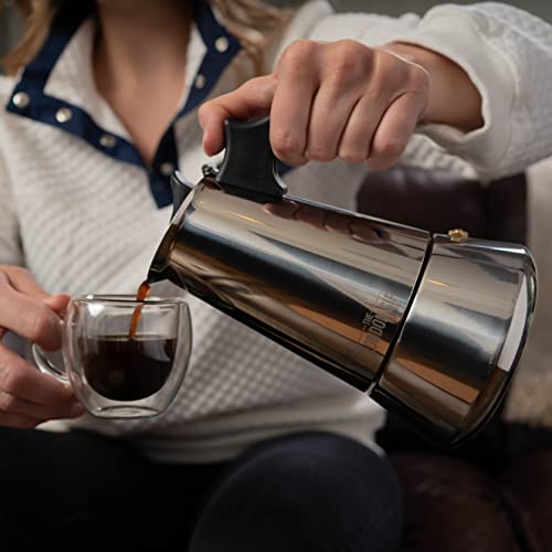 London Sip Stainless Steel Stovetop Espresso Maker Moka Pot Italian Coffee Percolator, Silver, 6 Espresso Cups Medium