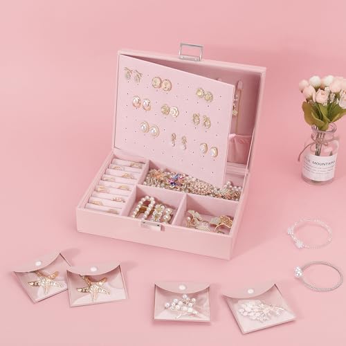 DesignSter Jewelry Box for Woman, 2 Layers Leather Jewelry Organizers and Storage with 8 Small Jewelry Pockets，Jewelry Box for Earrings Necklaces Bracelets with Cleaning Cloth Rings(Pink) Pink