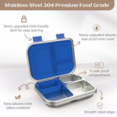BABHAMNESS Stainless Steel Bento Box Kids, 3 Compartments Leak Proof Metal Bento Lunch Box, 304 Stainless Steel Bento Lunch Containers for School and Office,Dishwasher Safe, BPA-Free-Blue Blue