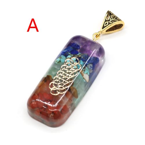 LE SKY 6 Pcs Natural Orgone Stone Pendants Rectangle Shape Various Seven Chakra Tumbled Chip Stone Reiki Symbol Resin Pendant for Meditation Yoga Balance Energy