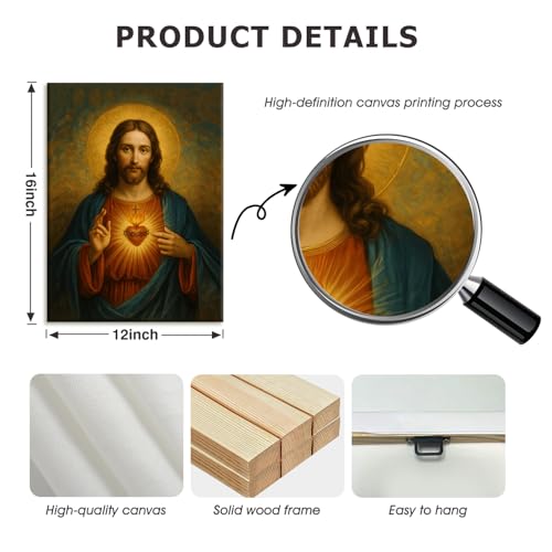 AUUAUU Sacred Heart of Jesus Wall Art Christian Canvas Painting 12x16 Inch 16"L x 12"W