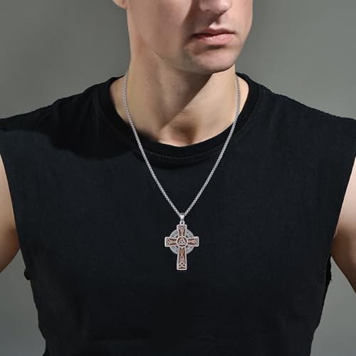 DAYLINLOVE Celtic Cross Necklace 925 Sterling Silver Wood Cross Pendant Necklace Celtic Viking Irish Jewelry Religious Protective Gift for Men Women
