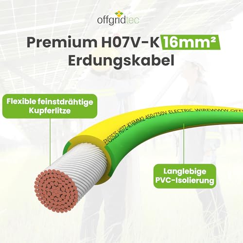 Offgridtec H07V-K Earth Cable 16 mm² 450/750 V (Green/Yellow, 5 m) | Fine-stranded copper conductor, flame retardant XLPO/PVC insulation, HAR certified, for fixed installation, high flexibility 5 metres Green-yellow wire (16 mm²)