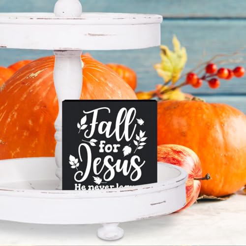 Woght Cute Fall Decoration for Home, Fall for Jesus He Never Leaves Sign Home Decor Leaves Decorations Sign, Autumn Office Desk Table Cubicle Shelf Decor 5 X 5 Inch (Black) Fall12 5 inches by 5 inches